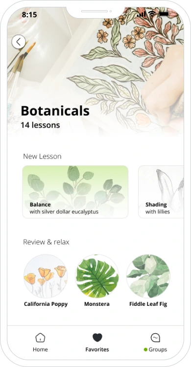 Prototype 1 phone screen: a Botanicals course with 14 lessons, a new lesson and review exercises