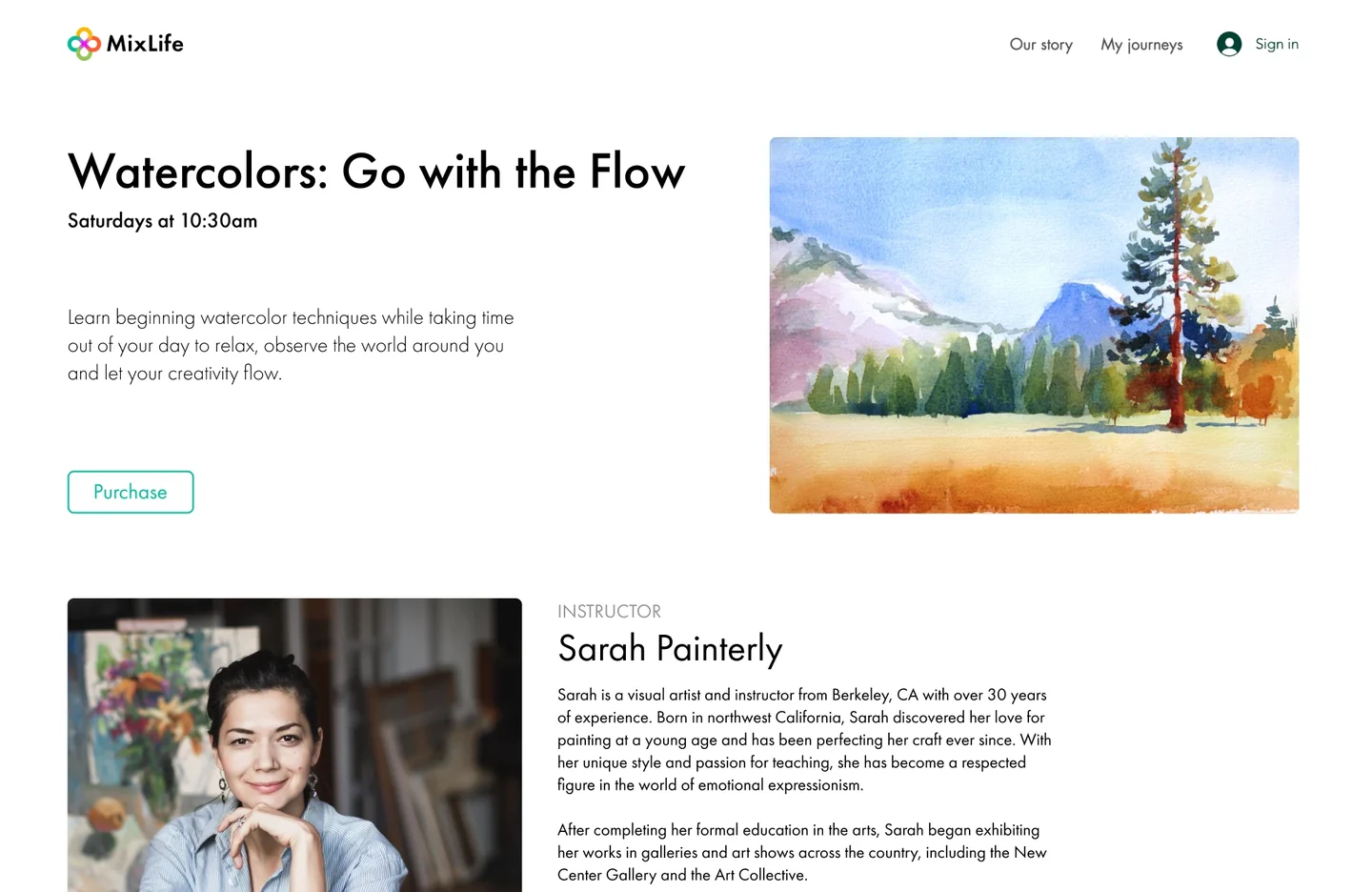 Concept of a watercolors “Go with the Flow” creative course page