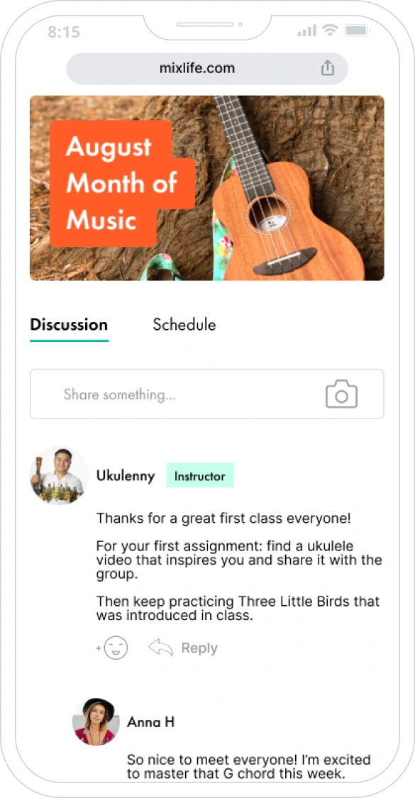 MixLife discussion group for August Month of Music, with an instructor post and a learner reply