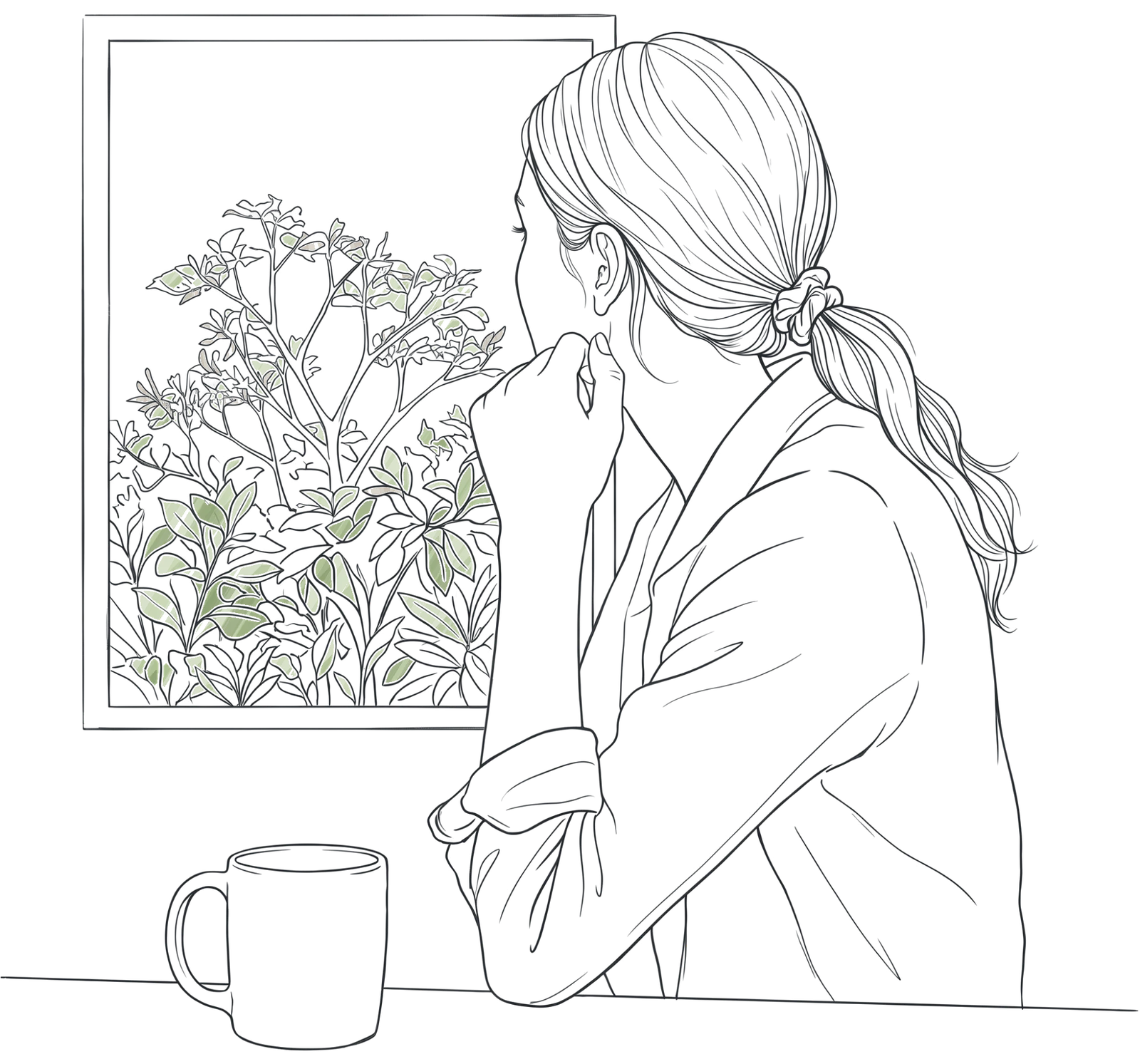 Ink drawing of a woman at a table with a mug, looking out a window at a tree