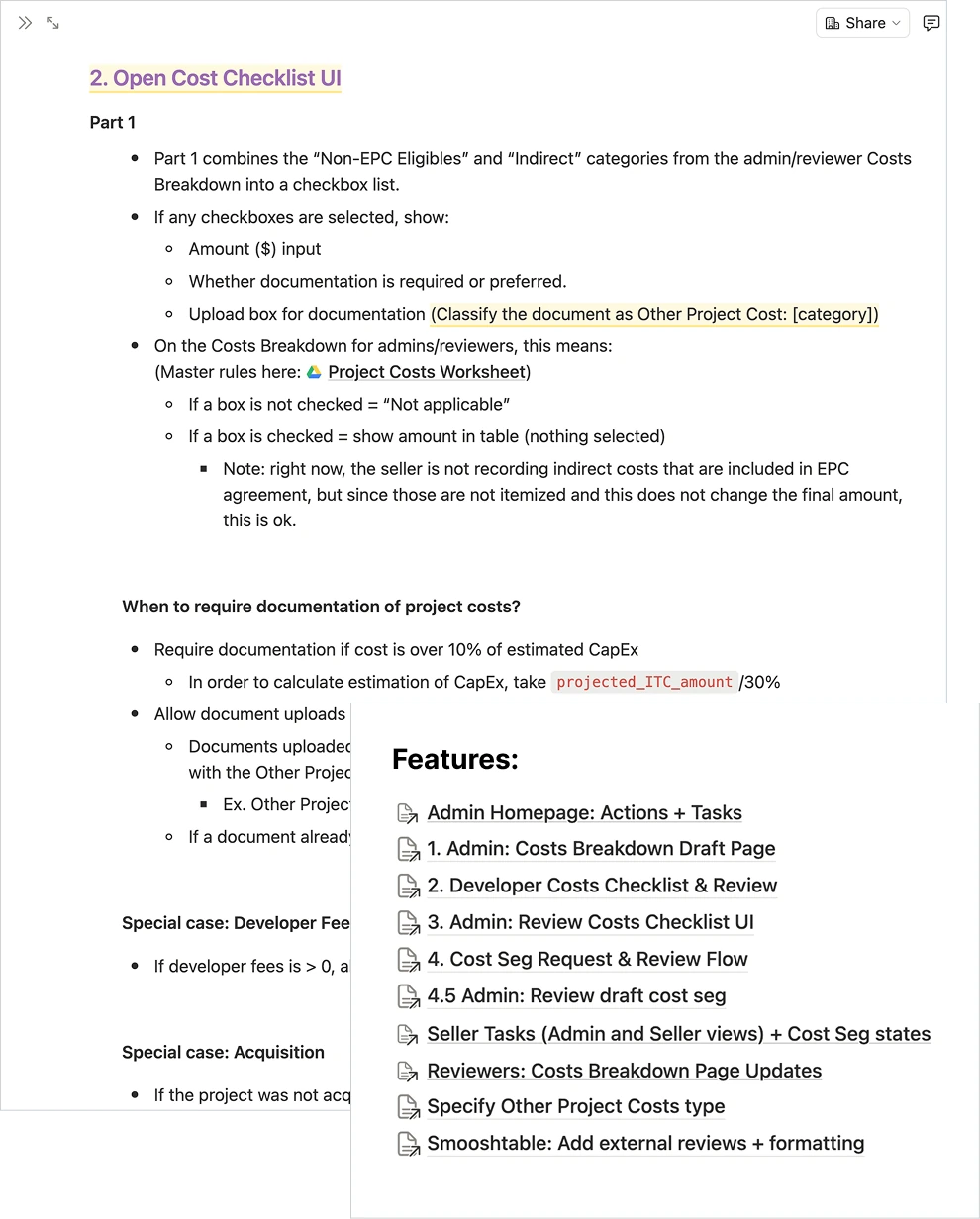 Spec document for the open cost checklist UI, overlapped by its list of feature cards
