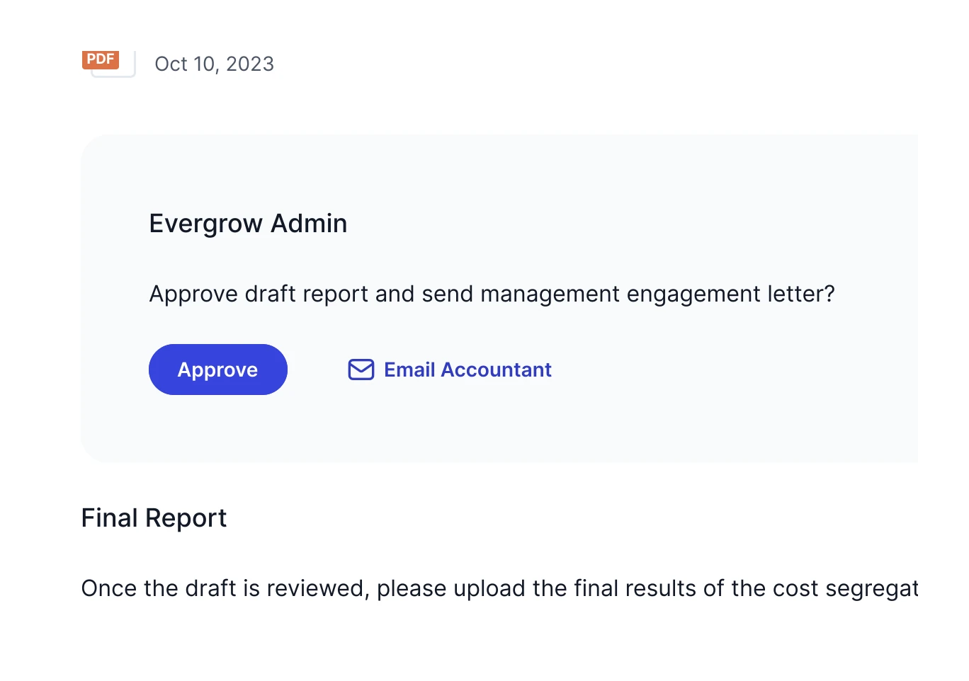 Evergrow admin card to approve the draft report and email the accountant
