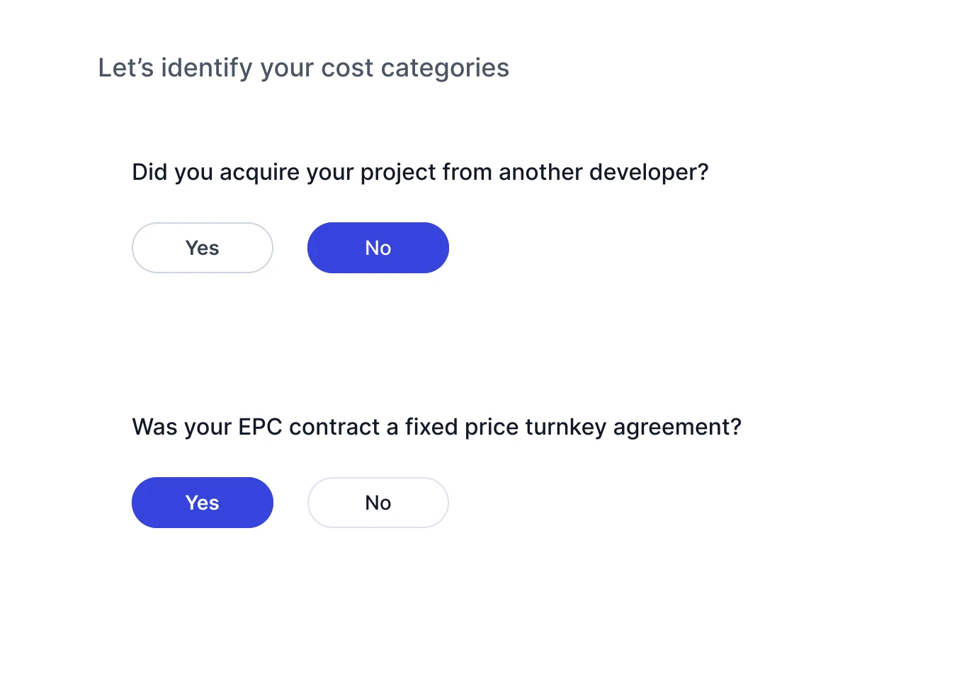 Two yes or no questions that tailor which costs a developer sees