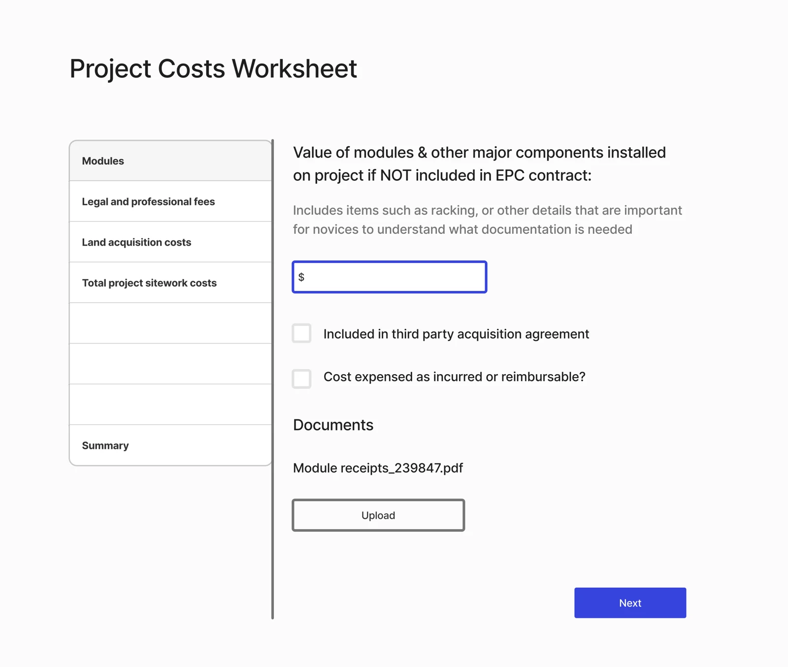 Wireframe A: step-by-step worksheet with a list of cost modules on the left