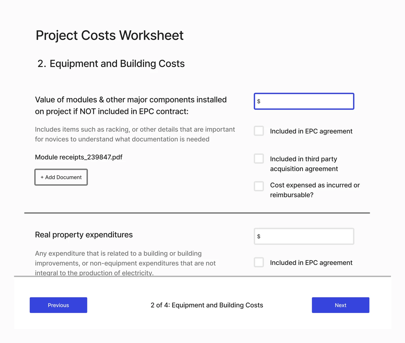 Wireframe B: one section per page with inline guidance and previous and next buttons