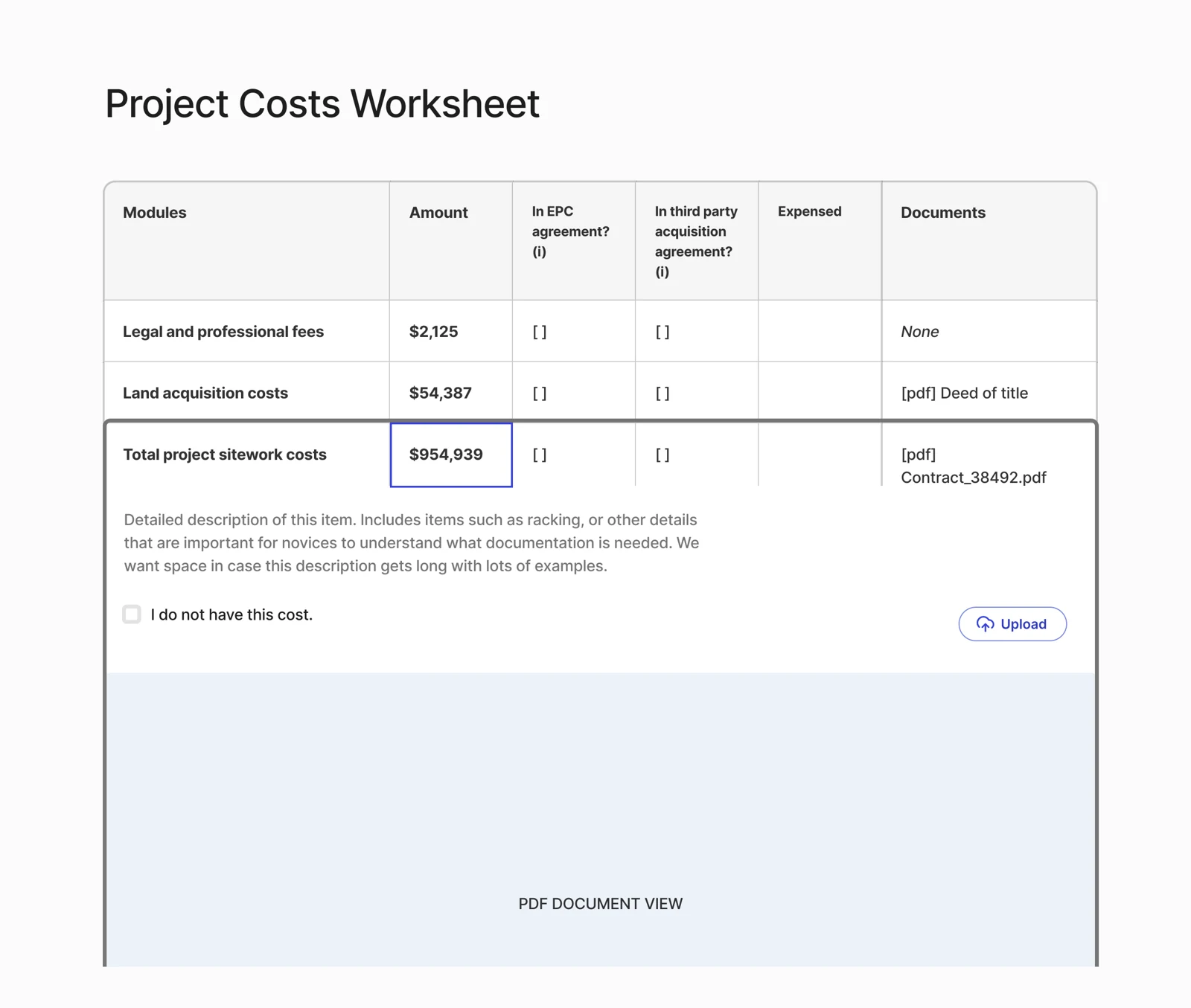 Wireframe C: costs table with an expanded row beside a document preview