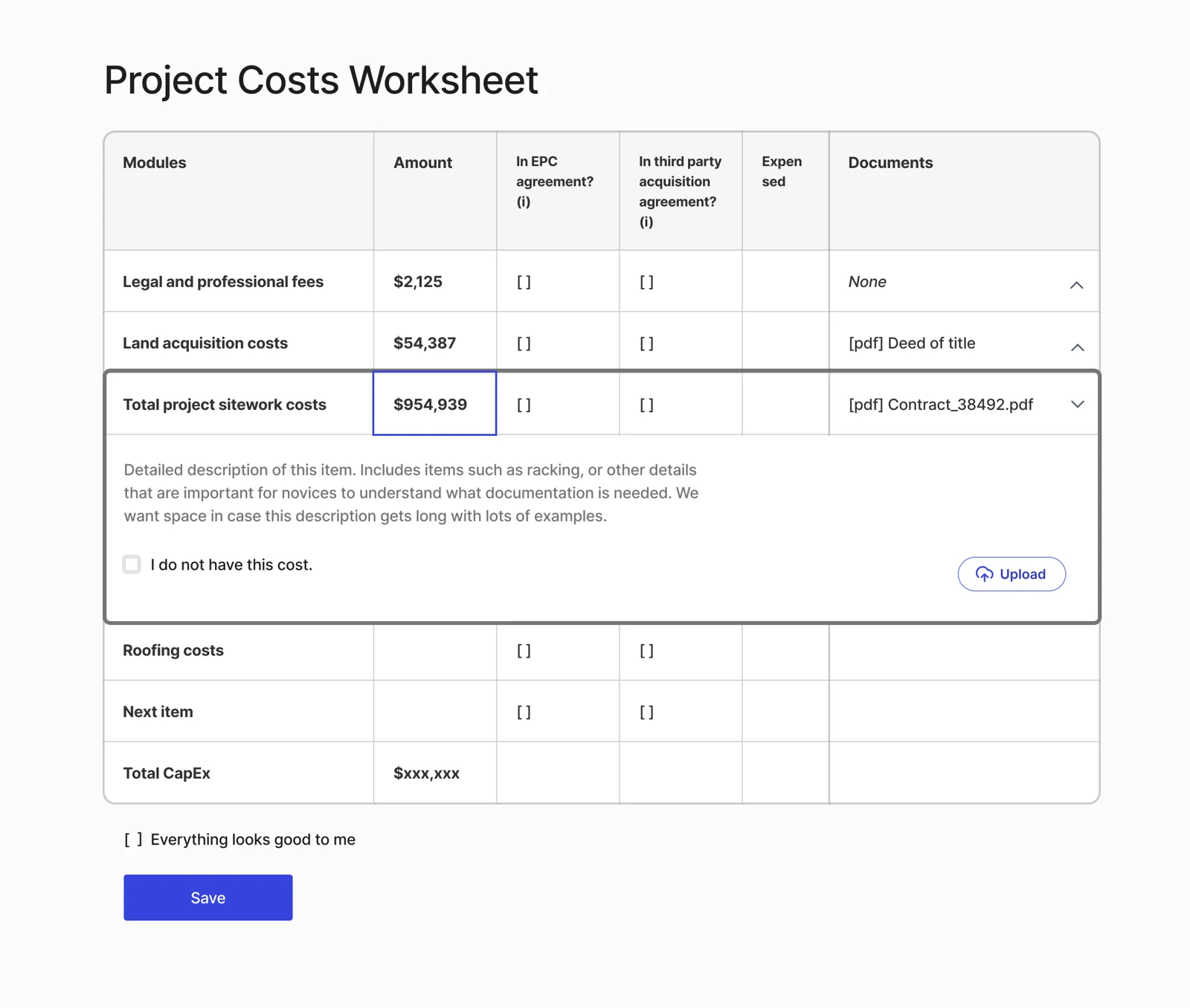 Wireframe D: single costs table with an expanded row and a final confirmation