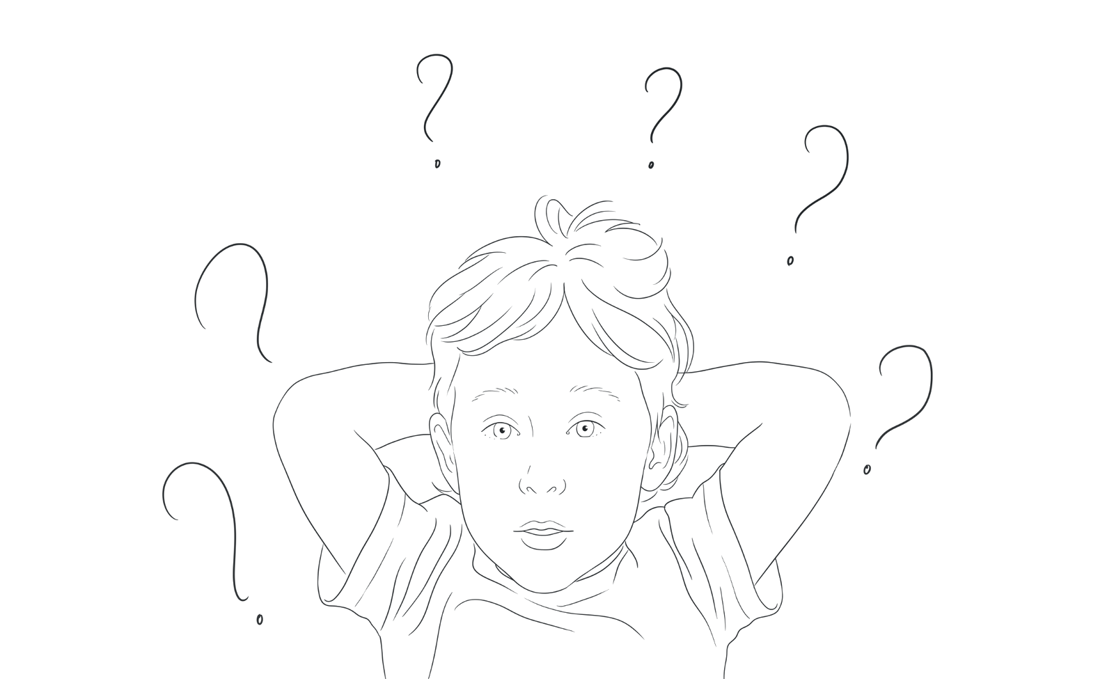Ink drawing of a young child with hands behind his head, surrounded by question marks
