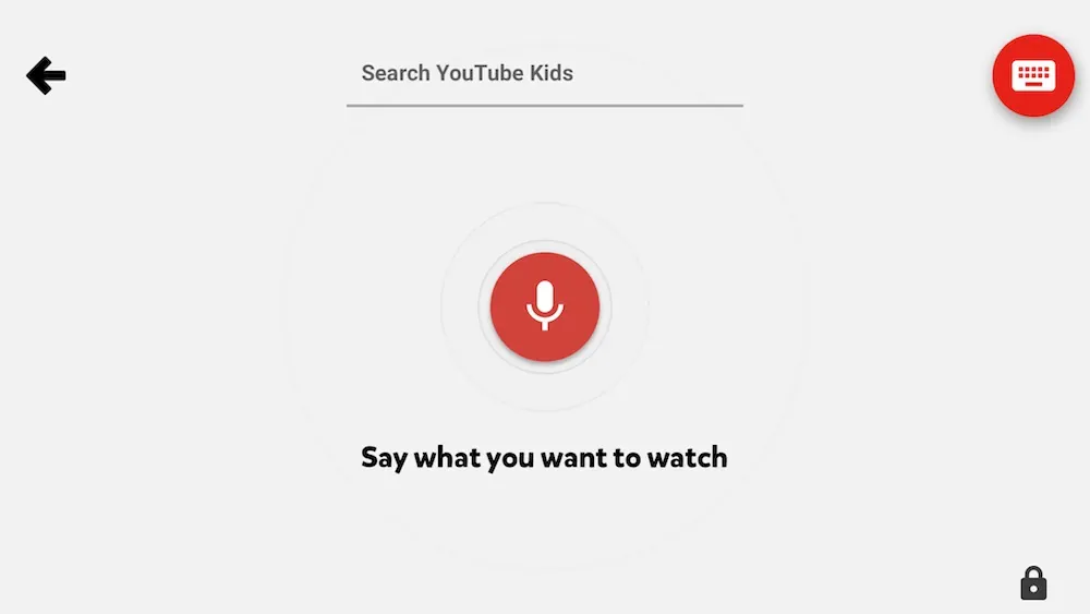 The MVP voice search screen that launched with the app: a red microphone button and the text Say what you want to watch