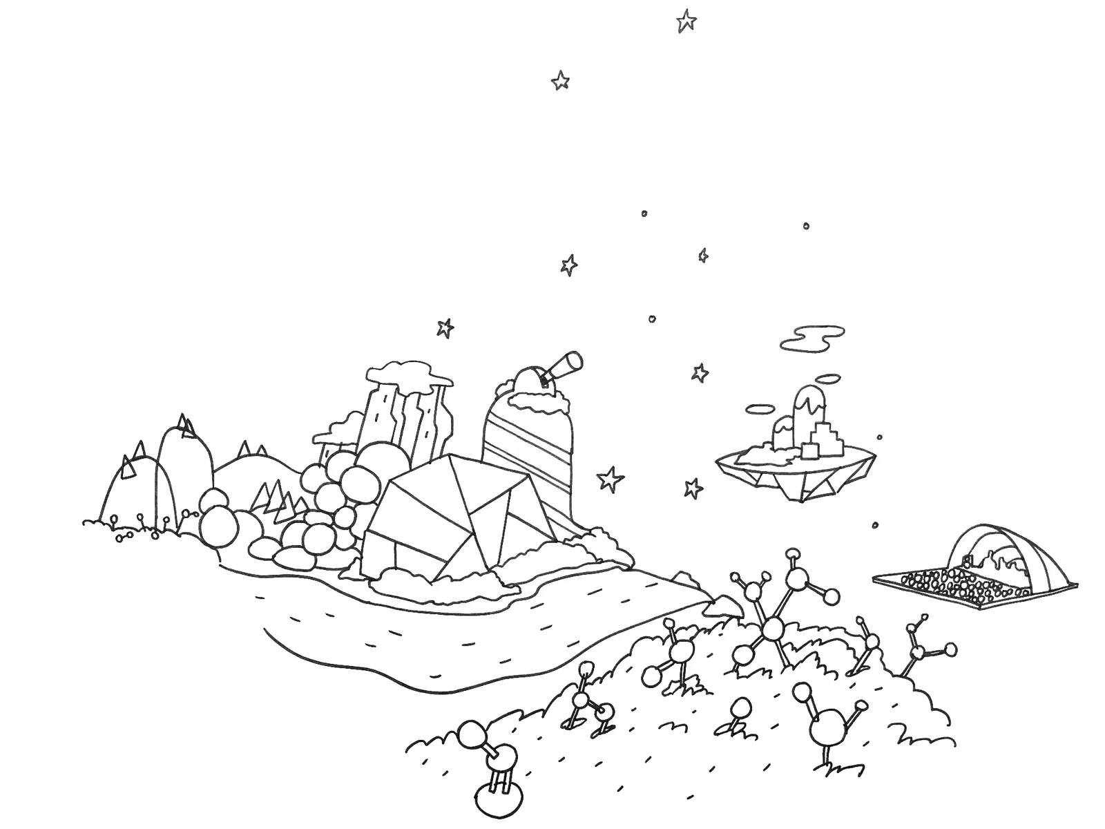 World-building brainstorm sketch: an island of video thumbnails and creatures floating among stars
