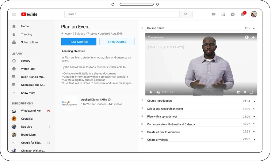 Course landing page design: Plan an Event, with the course trailer and lesson list