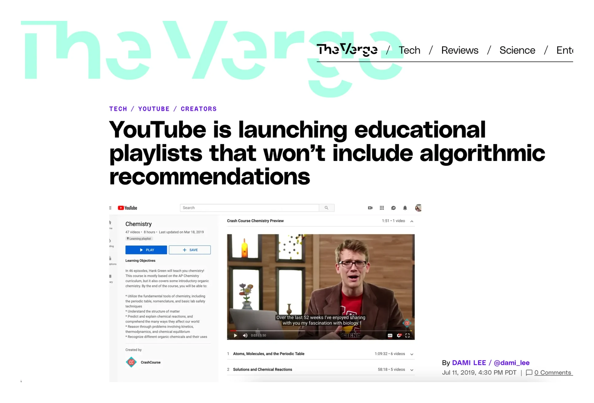 The Verge article: YouTube is launching educational playlists that won’t include algorithmic recommendations