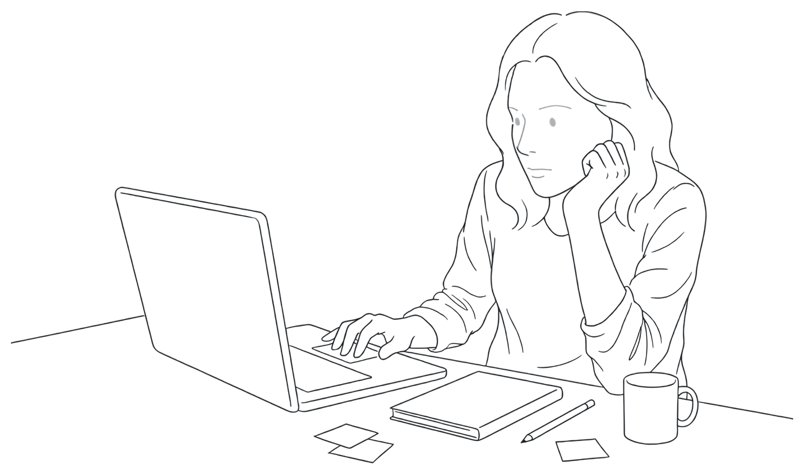 Ink drawing of a learner at a computer, chin in hand