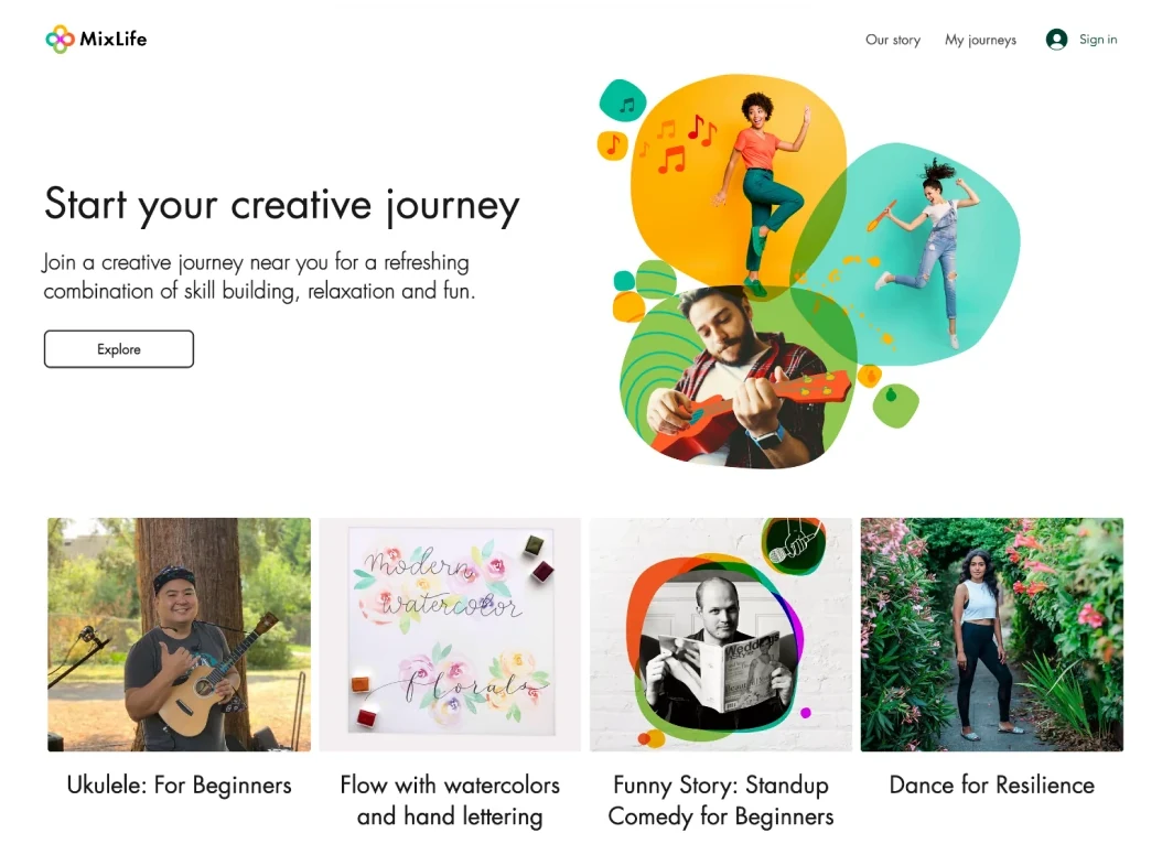 MixLife home page on desktop: Start your creative journey, with four course cards