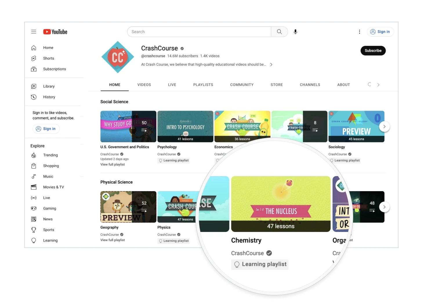 YouTube Learning playlists on the CrashCourse channel page, desktop, with a magnified Chemistry learning playlist